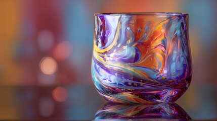 Colorful glass tumbler, vibrant swirling design