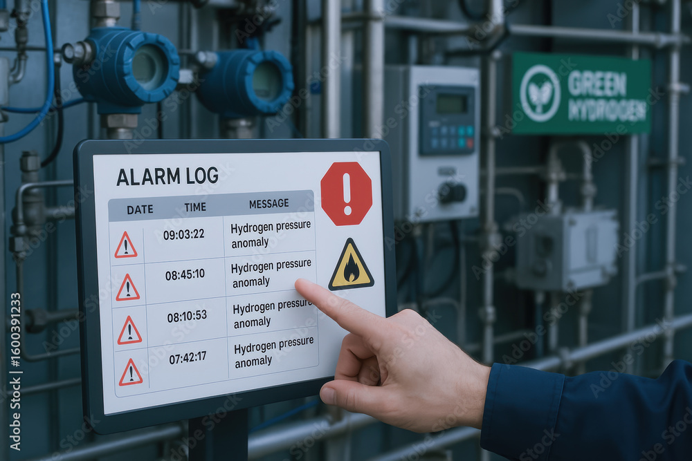 Aufkleber green hydrogen industrial alarm log screen with pressure anomaly warnings and hand pointing in facto