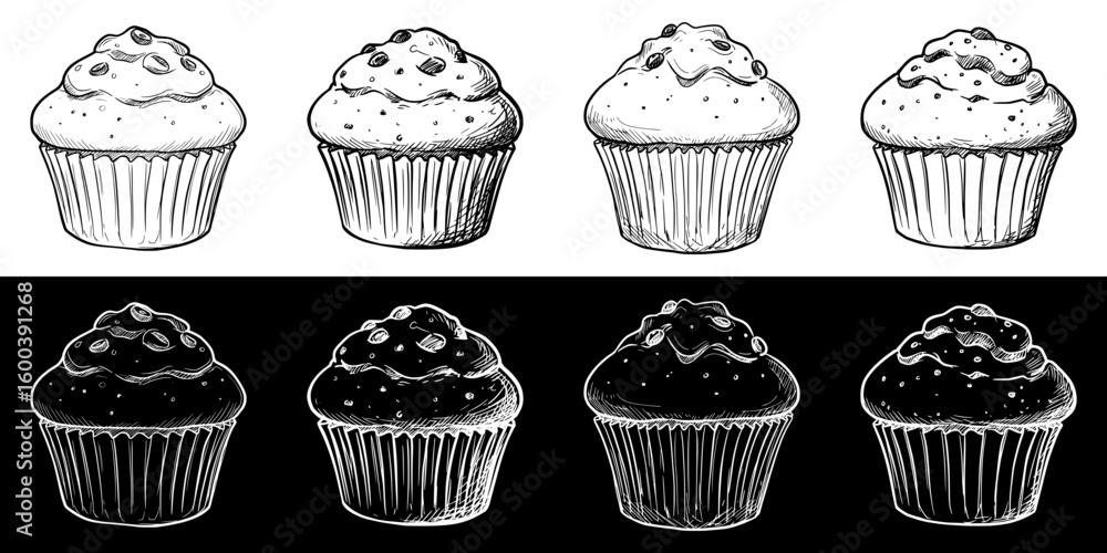 Poster isolated vector image of muffins in two design variants - on transparent and black backgrounds, chal