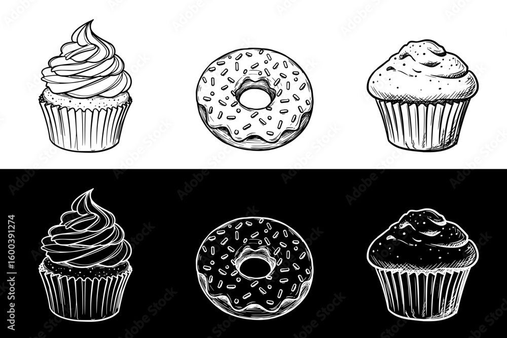 Aufkleber chalk drawing of cupcakes and donuts, isolated vector image in two design variants - on transparent 