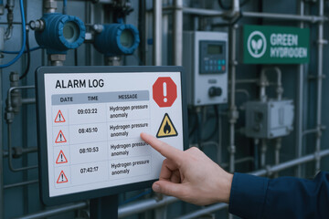 Green hydrogen industrial alarm log screen with pressure anomaly warnings and hand pointing in factory setting for safety monitoring