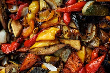 Charred mixed vegetables with seasoning close-up