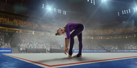 Rhythmic gymnastic girl on professional 3-d gymnastic stadium.