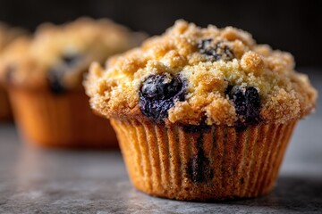 Close-up of a blueberry muffin with crumble topping