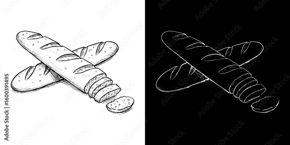 Poster baguette bread sketch illustration, isolated vector image in two design variants - on transparent an