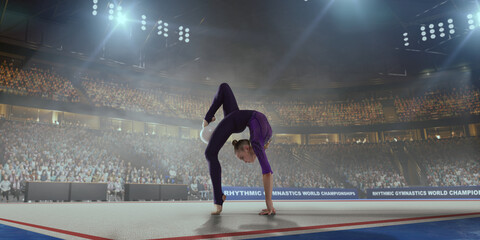 Rhythmic gymnastic girl on professional 3-d gymnastic stadium.