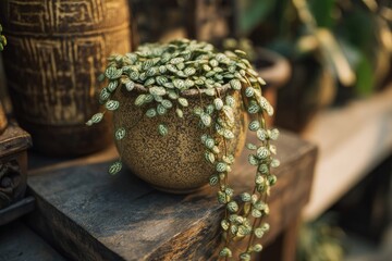 Small, light-green plant in a rustic pot on wooden shelf