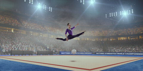Rhythmic gymnastic girl on professional 3-d gymnastic stadium.