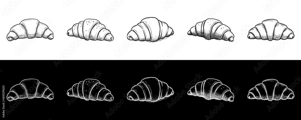 Poster isolated vector image of croissants in chalk drawing style on black and transparent backgrounds, ima