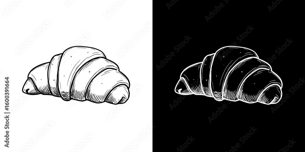 Poster croissant isolated vector image in two design variants - on transparent and black backgrounds, chalk
