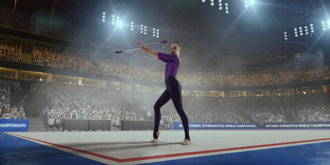 Rhythmic gymnastic girl on professional 3-d gymnastic stadium.