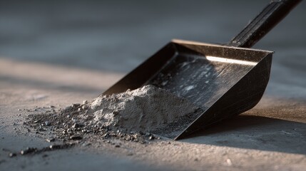 Dark gray powder spills from a metal dustpan
