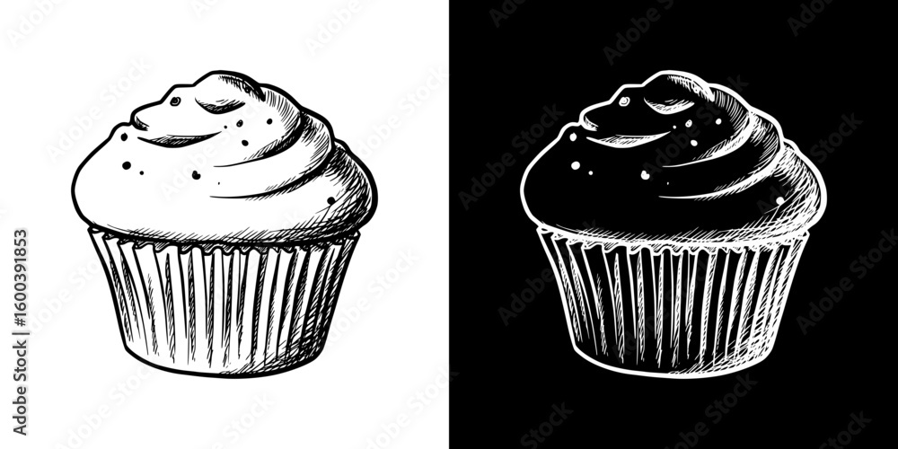 Poster chalk drawing of cupcake, isolated vector image in two design variants - on transparent and black ba