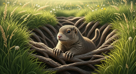 Prairie Dog's Burrow: A curious prairie dog observes from its cozy burrow, surrounded by lush green grass, capturing the essence of wildlife in a vibrant, natural setting.