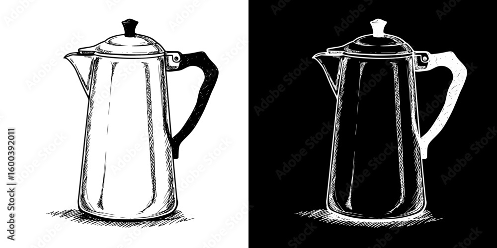Poster isolated vector image of a coffee pot in two design variants - on transparent and black backgrounds,