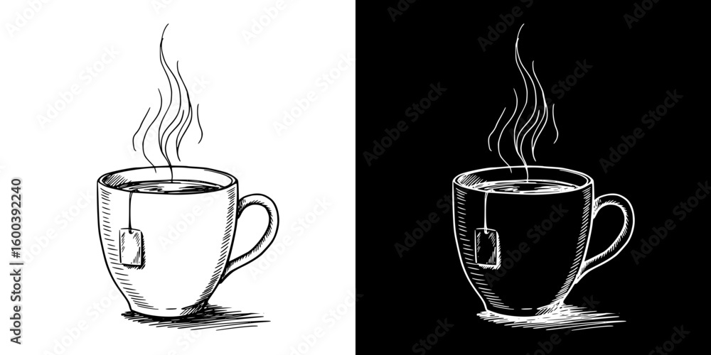 Poster chalk drawing of tea cup with steam, isolated vector image in two design variants - on transparent a