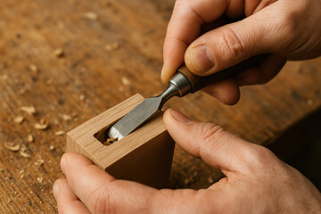 Fototapeta premium Woodworking Handcraft: A craftsman meticulously uses a chisel to carve a precise groove into a wooden block, showcasing traditional craftsmanship in a well-lit workshop.