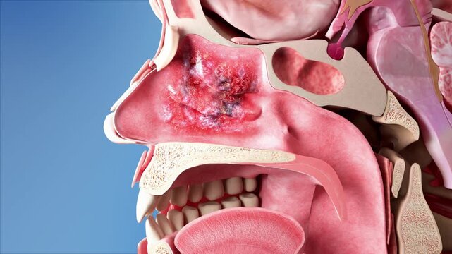 Allergic rhinitis, red and swollen nasal lesions and pus, viral ulcer, internal anatomy of the nasal cavity, correct medical anatomical structure 3D animation.