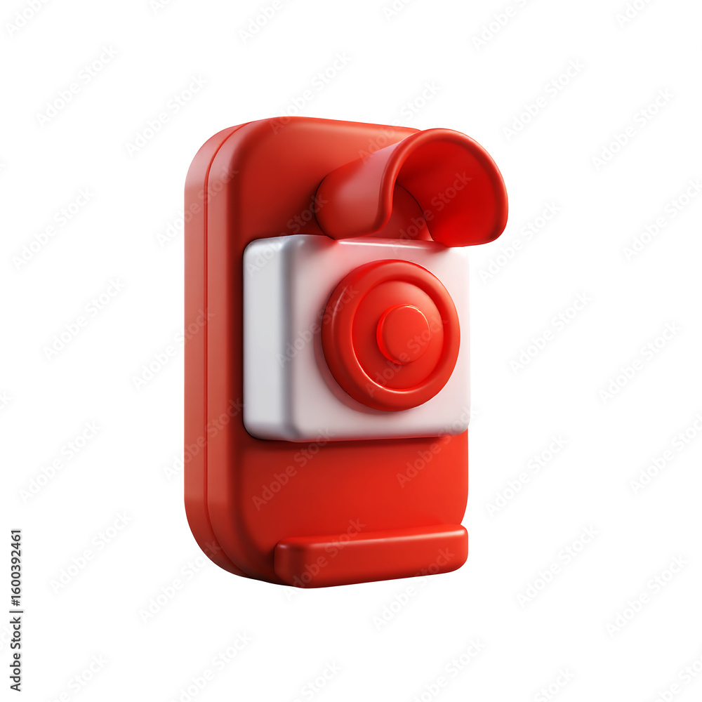 Poster a stylized red and white object resembling a retro camera on transparent background