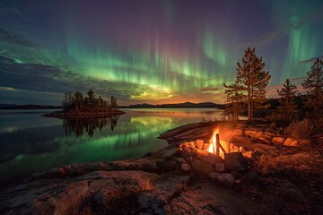 Aurora borealis over lake, campfire