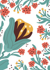 Colorful, bright summer retro background. Abstract pattern with leaves, flowers, figure with texture. trendy print with tulips in modern style. A4 size poster for print,  banner, postcard. png art 