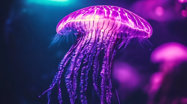 A vibrant purple jellyfish swims gracefully within the dark ocean depths