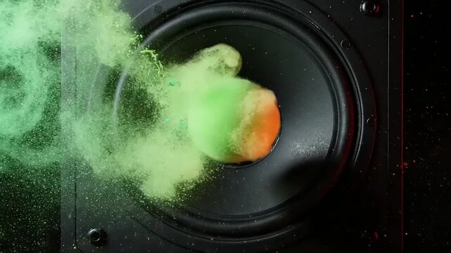 Colorful powder explosion from speaker, dynamic sound effect