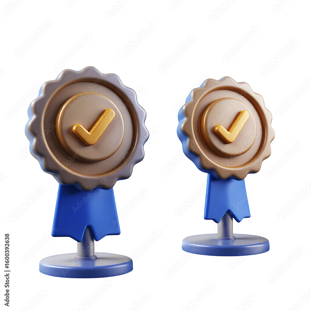 Poster two rendered badges with gold check marks in a studio shot on transparent background