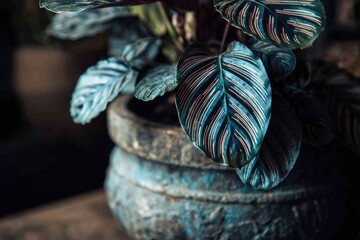 Close-up of patterned plant in textured pot