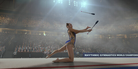 Rhythmic gymnastic girl on professional 3-d gymnastic stadium.