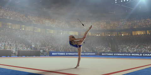 Rhythmic gymnastic girl on professional 3-d gymnastic stadium.