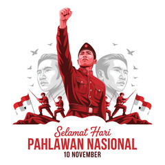 10 November Hari Pahlawan Flat Vector Illustration.