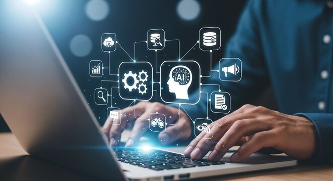 AI agent and intelligent automation IA technology. Business process automation BPA system. Businessman using laptop computer to give instructions to AI at desk in office.