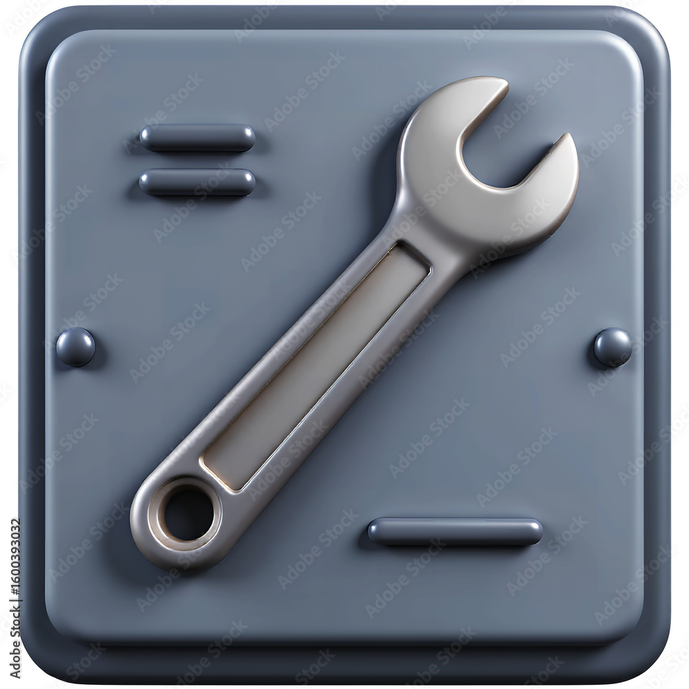 Aufkleber a wrench tool resting on a gray square with raised details and rounded edges design on transparent b