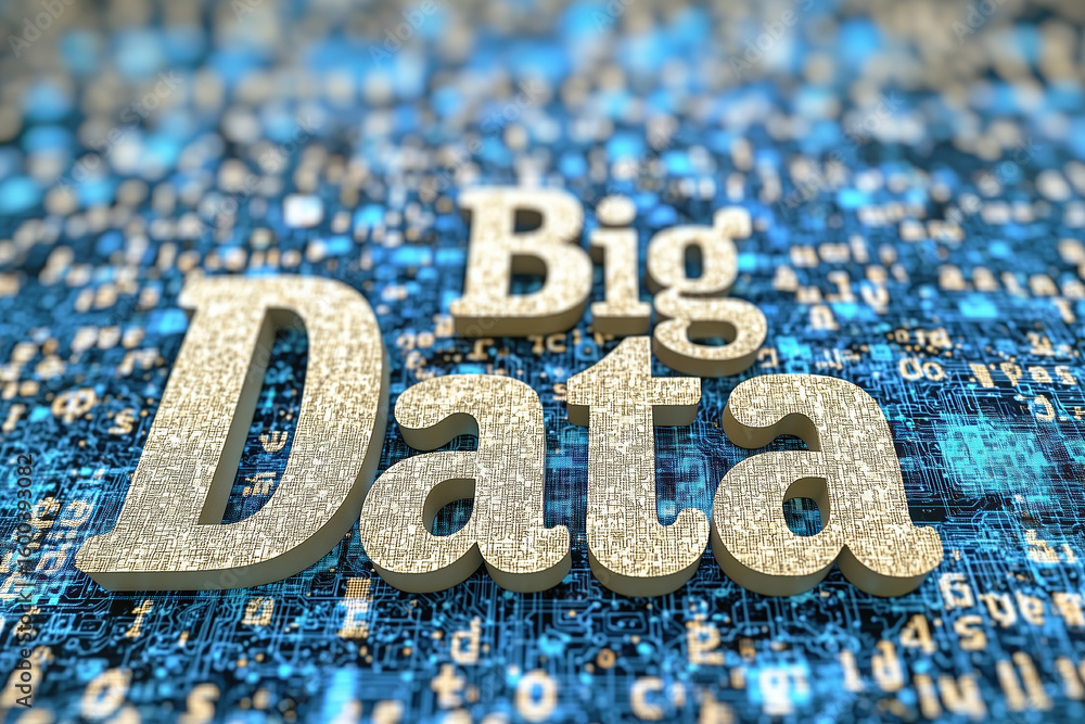 Poster the words big data rendered in 3d text on a glowing blue background of digital information and circu