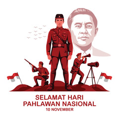 10 November Hari Pahlawan Flat Vector Illustration.