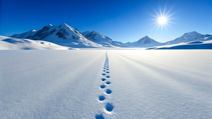 Footprints in snow leading to distant mountains under bright blue sky and sun