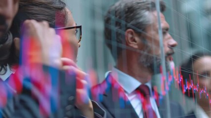 Stock Market Concern: A diverse group of people in business attire observe a stock market downturn, a graph representing a falling stock market in the background - Powered by Adobe