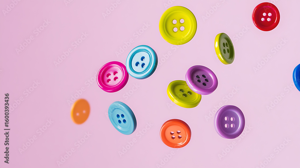 Poster vibrant array of colorful buttons floating in mid-air against a soft pink backdrop, creating a playf