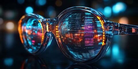 Futuristic Glasses with Digital Cityscape Reflections