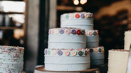 Whimsical Tower of Pastel Cakes Adorned with Rainbow Sprinkles and Colorful Buttons