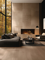 Fototapeta premium Cozy Fire-lit Living Room Modern Home Interior Design Autumn Ambiance Wide Angle View Comfort and Serenity