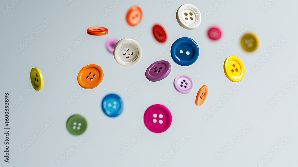 Poster buttons galore: a vibrant assortment of colorful buttons suspended in mid-air, creating a playful an