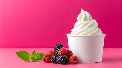 Delicious frozen yogurt with blackberries and raspberries in white cup on pink background