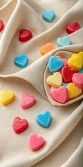 Assorted Colorful Candy Hearts Spread Across Soft Beige Fabric