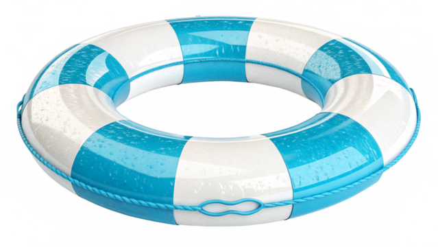Blue and white striped life preserver ring for pool safety and water rescue equipment with rope detail