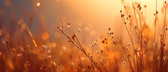 Fototapeta premium Golden Hour Meadow: A Serene Sunset Landscape