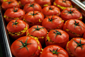 Stuffed tomatoes with saffron rice arranged in metal tray