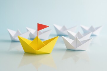 Bright Yellow Origami Boat Leads a Paper Armada on a Reflective Sea, symbolizing leadership, strategy, and a winning concept with modern flair.