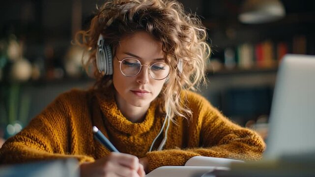 Focused Learning: A focused woman with glasses and headphones diligently takes notes, illuminated by a laptop screen, suggesting the pursuit of knowledge, expertise, and continuous personal growth.